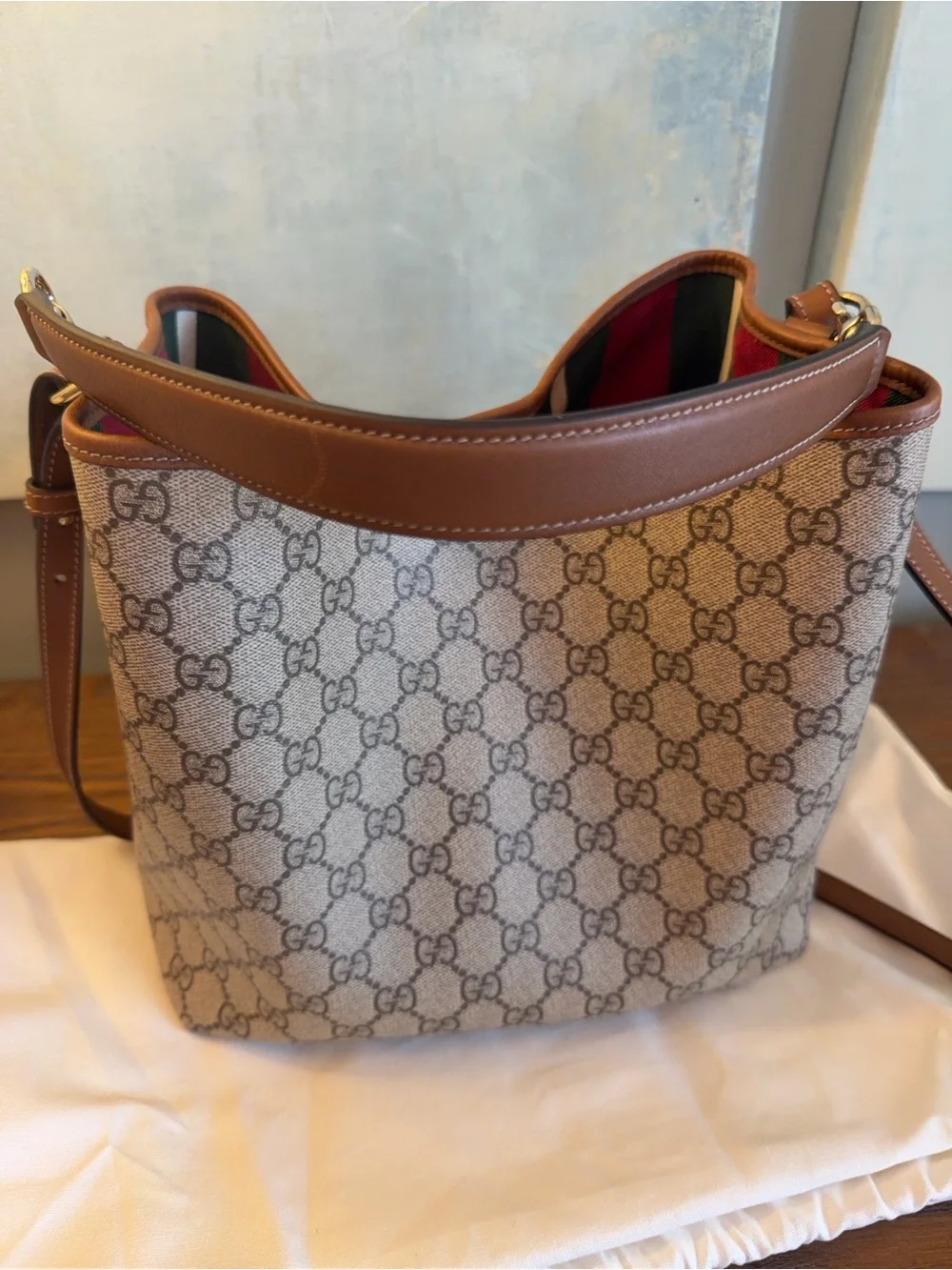 Gucci Beige GG Supreme Canvas Shoulder Bag with Brown Leather Trim